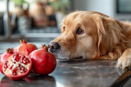 Golden Retriever dog with a shiny coat looking curiously at a freshly opened pomegranate on a kitchen counter
