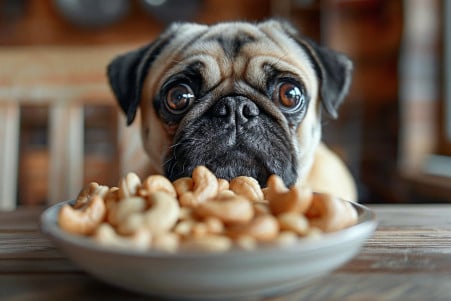 A small Pug with a wrinkled face and big, expressive eyes sitting next to a dish of cashew nuts, looking concerned about eating them