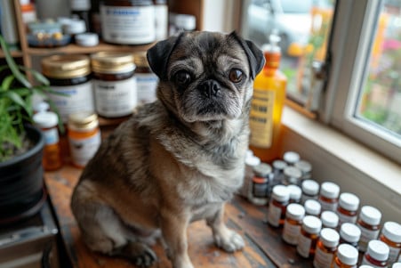 Overhead view of a veterinarian's desk with a Pug on the examination table, prescription medication bottles, and natural alternatives like essential oils and holistic treatments