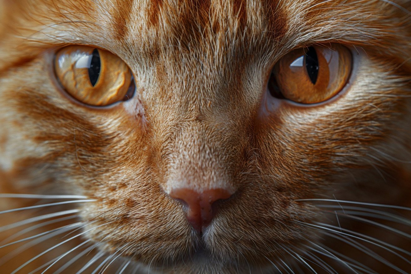 Close-up portrait of an orange tabby cat with prominent bony ridges above its eyes, giving a quizzical expression