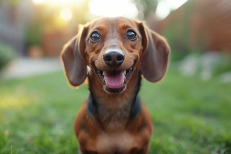 Playful, glossy red miniature dachshund standing on a grassy backyard