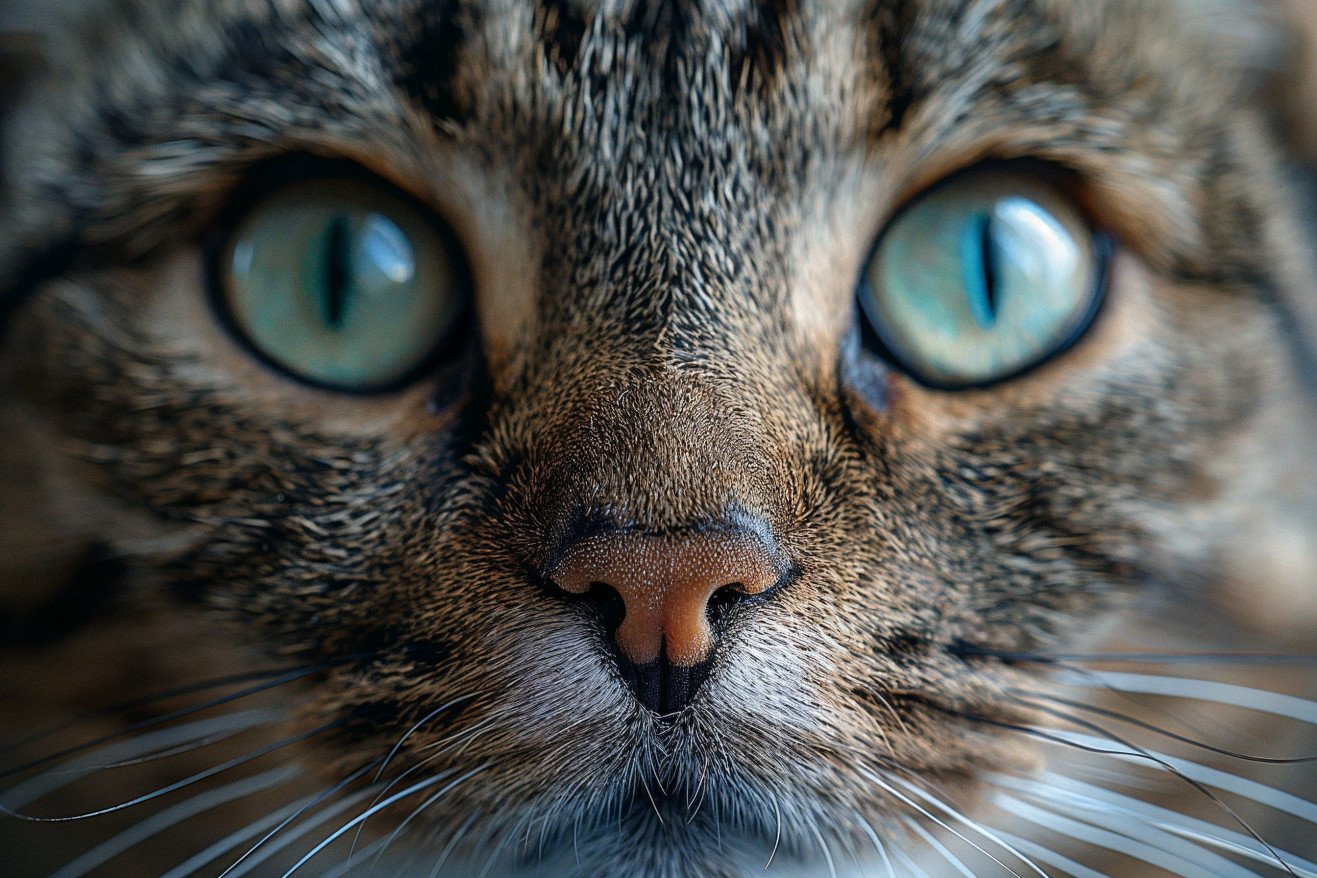 Close-up portrait of a curious tabby cat with watery eyes looking directly at the camera