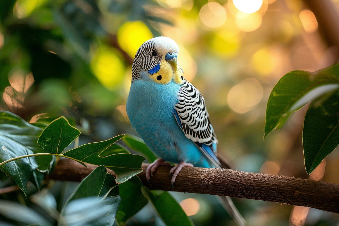 Blue and white Budgerigar perched on a branch in a sunlit cage with greenery