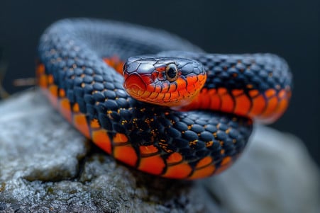 Close-up of a small red-bellied snake coiled up and resting on a rock