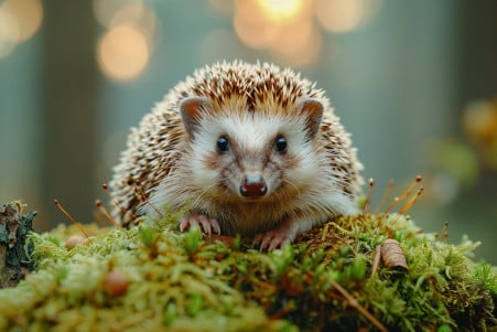 Curled up European hedgehog with spiny brown and white quills on a bed of moss in a blurred, earthy forest