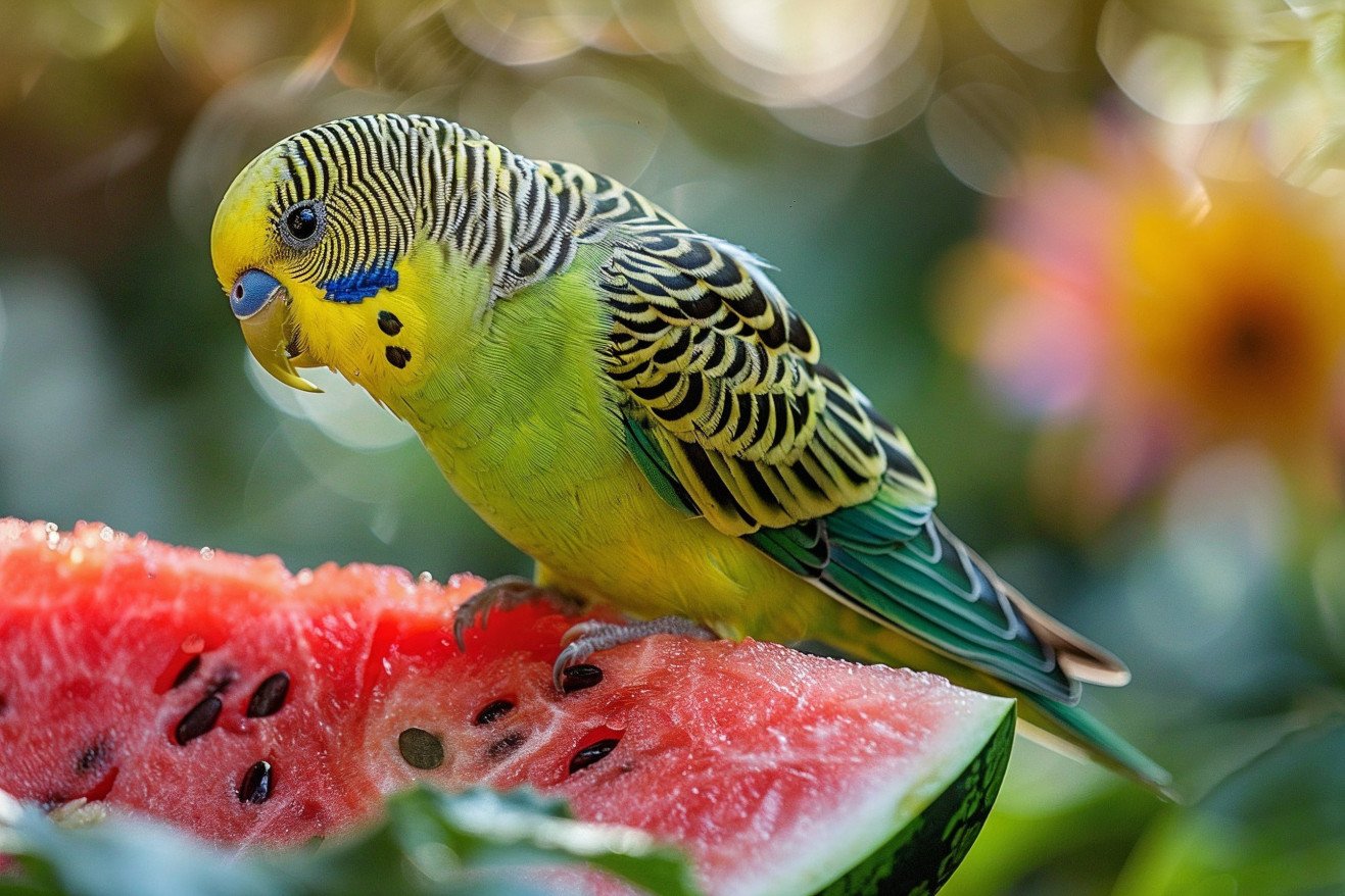 Bright green parakeet perched on the edge of a bright pink watermelon slice, looking curiously at the fruit