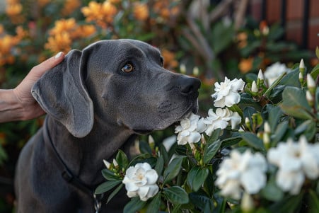 A concerned Great Dane owner gently pulling their large, gentle dog away from a gardenia shrub