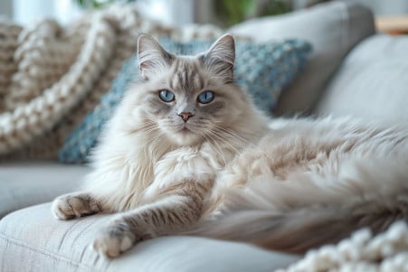 A serene portrait of a fluffy, medium-length coated Ragdoll cat lounging on a couch surrounded by its shed fur