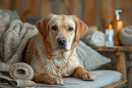Labrador retriever lounging on a couch next to dog grooming supplies