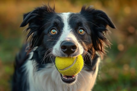 Happy, energetic Border Collie with a bright yellow tennis ball in its mouth, ready to fetch in a grassy field