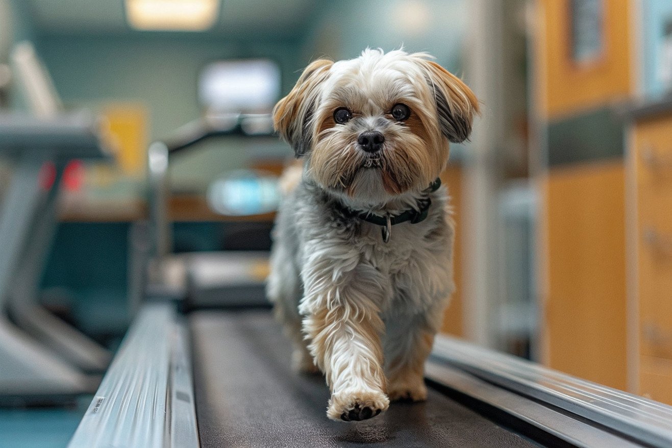 Shih Tzu carefully stepping on a treadmill with one back leg raised in a veterinary clinic setting