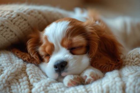 Cavalier King Charles Spaniel puppy sleeping with rapid breathing in a warm, peaceful home environment