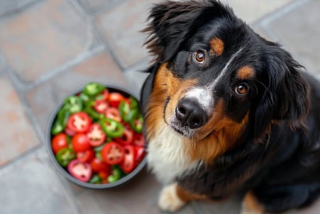 Bernese Mountain Dog sitting next to a bowl of red bell pepper slices, looking attentively at the camera