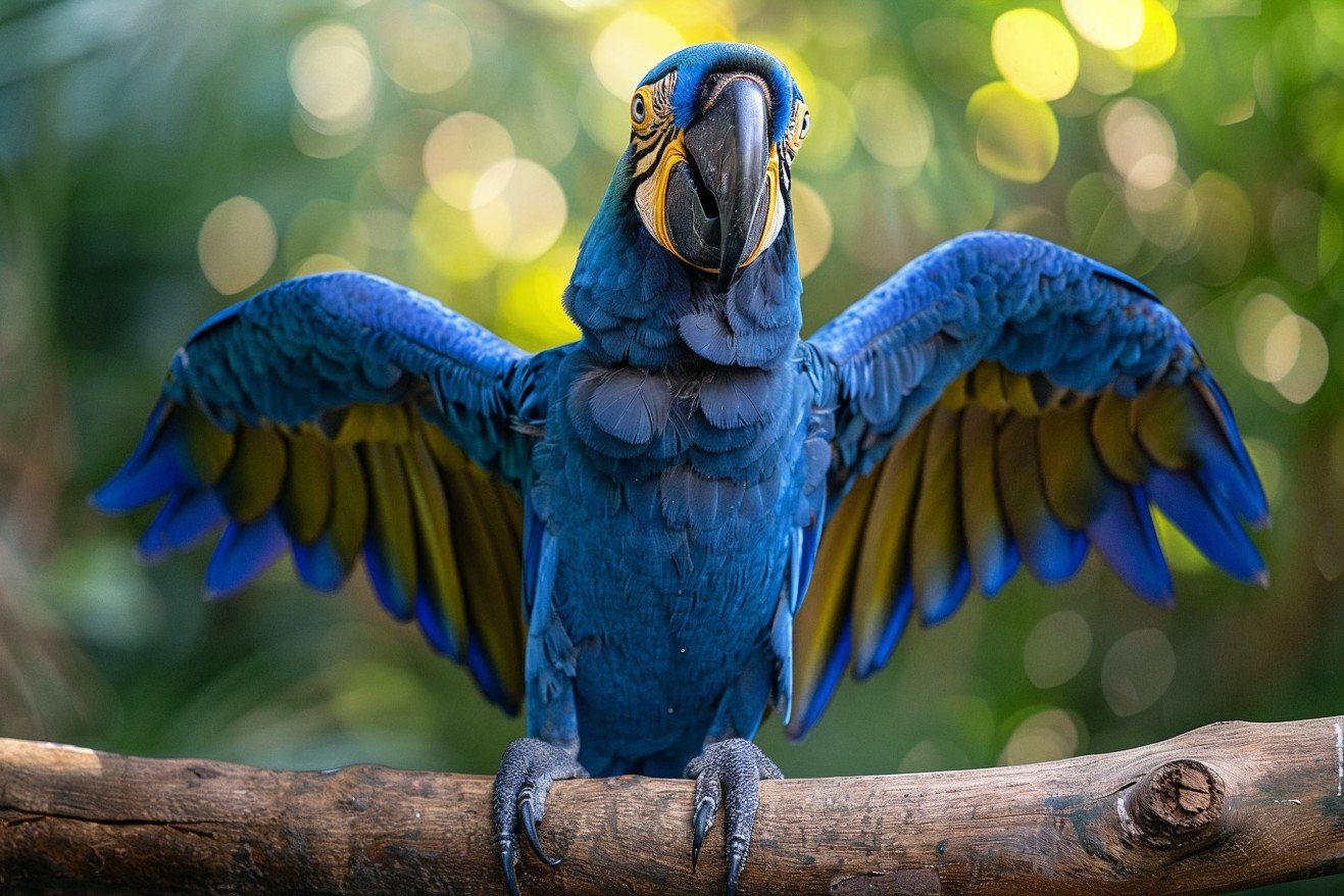 Colorful male hyacinth macaw with bright blue plumage perched on a wooden branch, with an open beak as if vocalizing