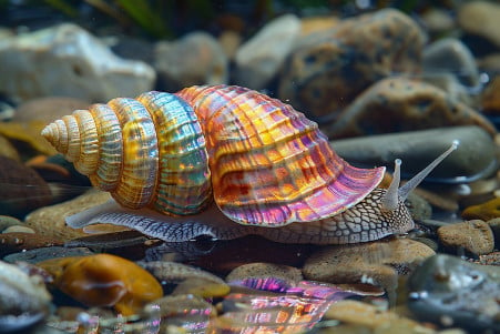 A large, vibrant snail with an iridescent shell slowly swimming through a shallow tide pool