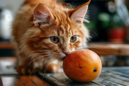 Cat with head tilted, sniffing a ripe mango on a kitchen counter