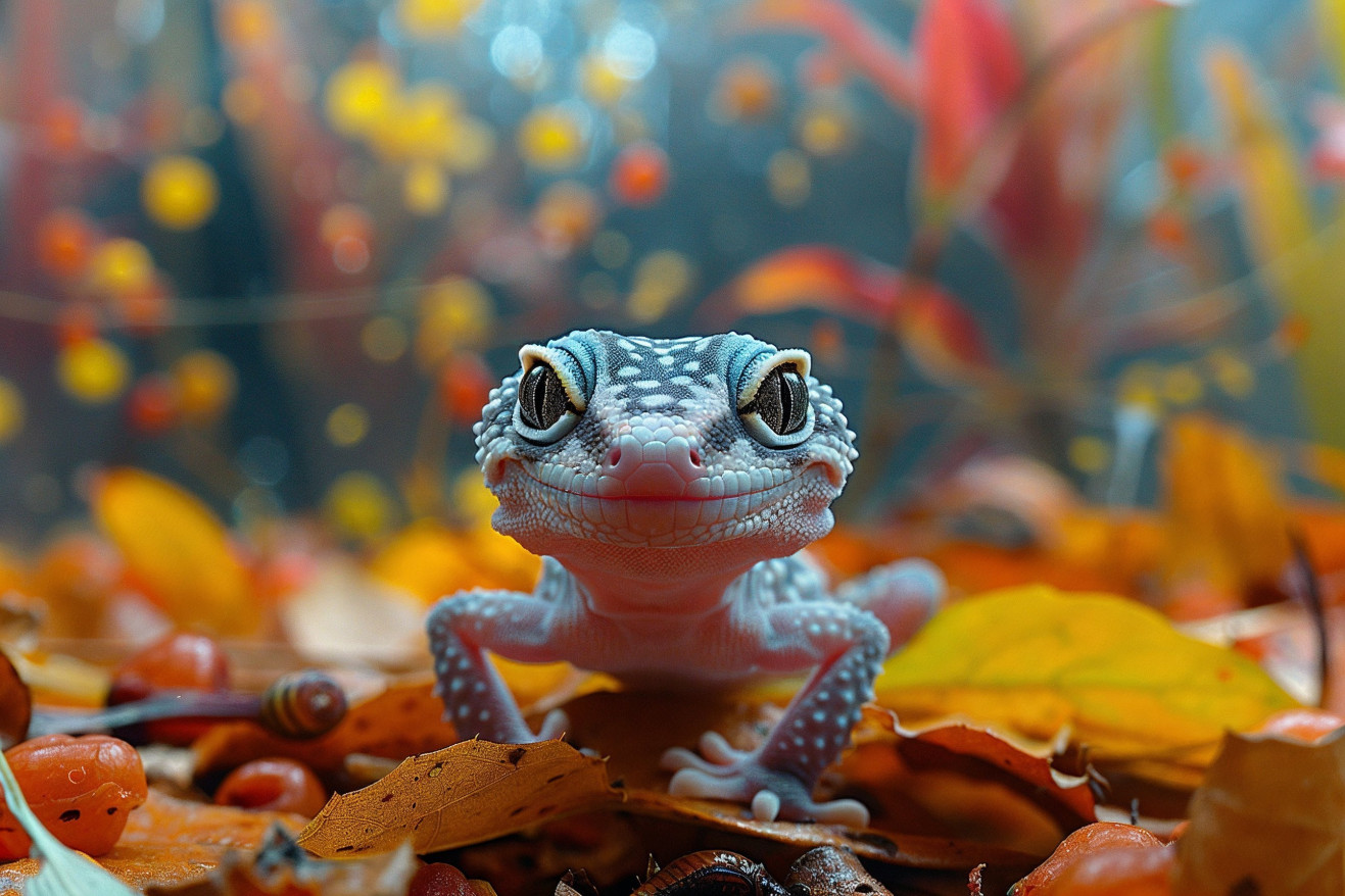 Baby gecko resting on a leaf-filled terrarium floor, with small food bowls containing live feeder insects