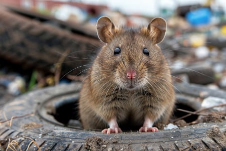Detailed photograph of a stocky brown Norway rat nestled among discarded tires and debris in an abandoned urban lot