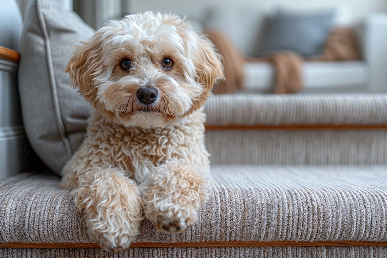 Friendly, curly-coated dog sitting on the stairs, gazing towards the living room where family members are visible