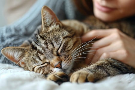 Owner gently inspecting a scabbed elbow on a sleepy, brown tabby cat