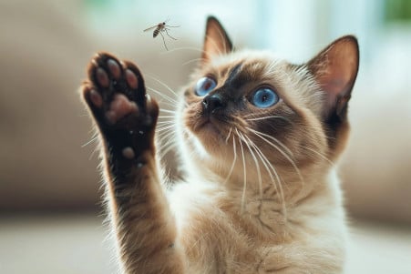 Siamese cat with paw raised, trying to swat at a mosquito near its ear in a clean living room setting