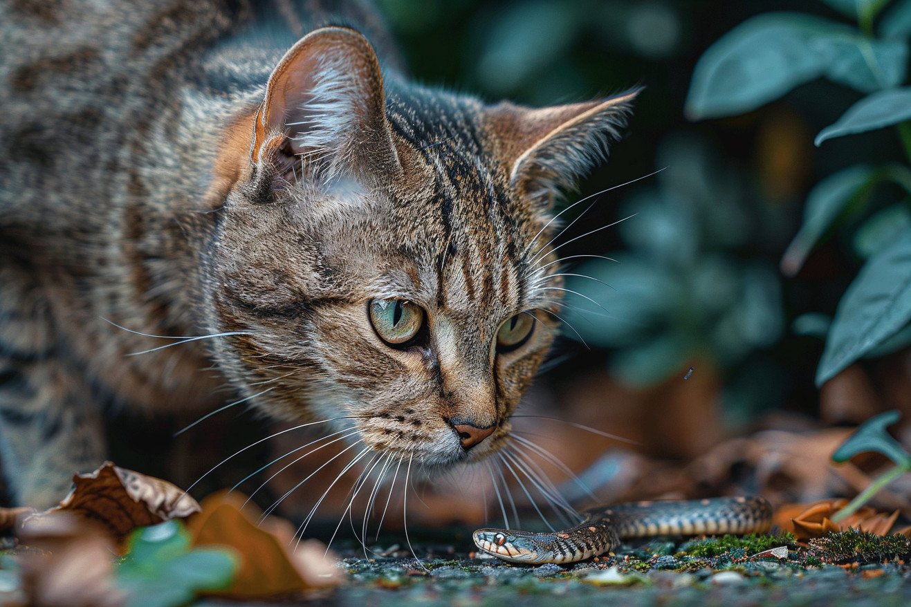 Tabby cat crouched down, intently watching a small, non-venomous snake slithering on the ground in a garden
