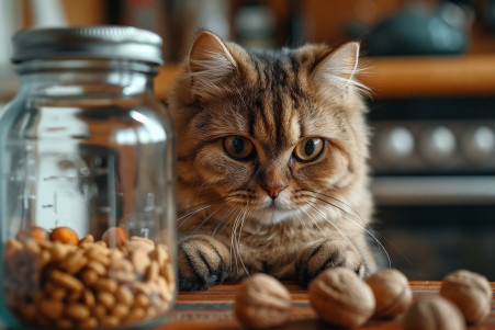 Persian cat cautiously looking at a jar of various nuts in a modern kitchen