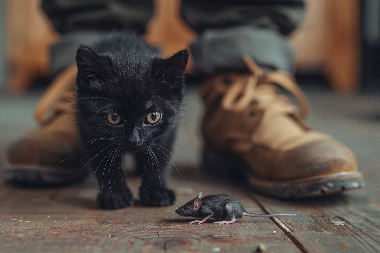 A sleek black cat laying a dead mouse at the feet of its owner, who is looking down with a mix of appreciation and mild disgust