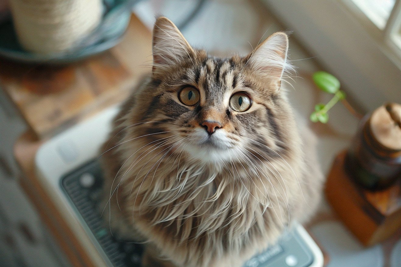 Elegant Maine Coon cat standing on a bathroom scale, looking up at the camera with a slightly concerned expression