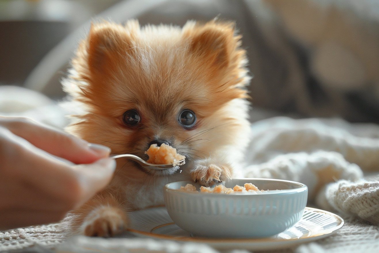 A concerned dog owner gently feeding a small, fluffy Pomeranian puppy a spoonful of plain, unseasoned baby food