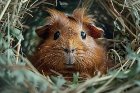 Close-up portrait of a curious Abyssinian guinea pig surrounded by timothy hay and leafy greens