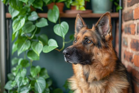German Shepherd mix dog slowly backing away from a pothos vine hanging from a shelf, with a wary expression