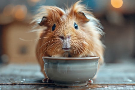 Curious Peruvian guinea pig with long, silky fur looking at a shallow ceramic water bowl