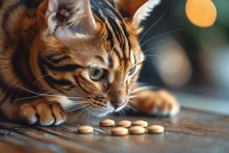Bengal cat sniffing a melatonin tablet on a wooden table, with a curious expression
