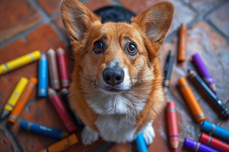 A Corgi with a worried expression sitting next to scattered crayons on a tile floor in a minimalist kitchen