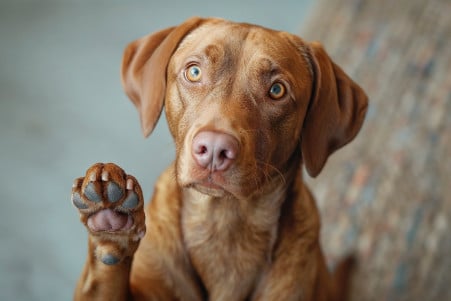 Vizsla dog sitting in a vet's office with one paw raised, expressing itchiness