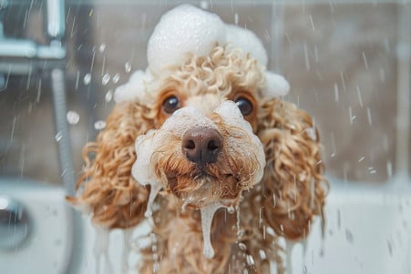 Fluffy white Poodle being rinsed off with water after being washed with Dawn dish soap, standing in a bathroom tub