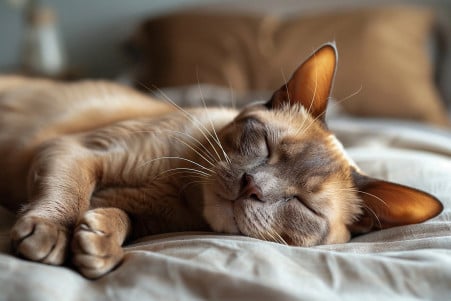 Detailed stock photo of a Burmese cat lying on its back and snoring on a soft pillow