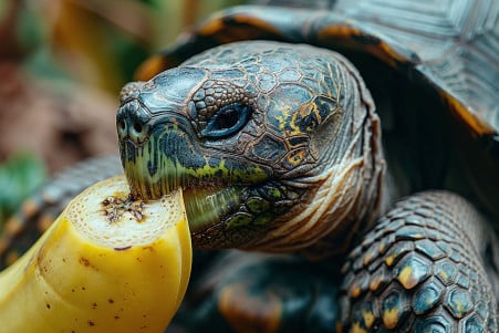 Close-up of a medium-sized Russian tortoise with a mossy green shell eating a ripe, yellow banana