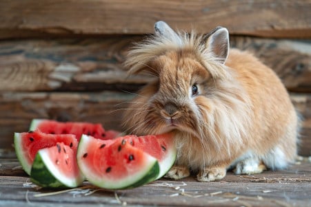 A lionhead rabbit with a thick, bushy mane-like coat inspecting a pile of watermelon rinds on a wooden surface