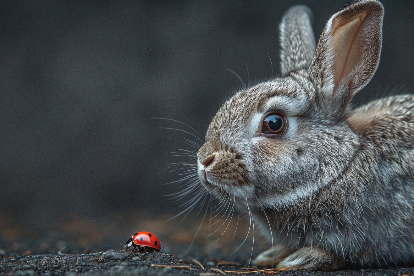A nervous-looking Flemish Giant rabbit with a large, furry grey body as a ladybug crawls near its feet