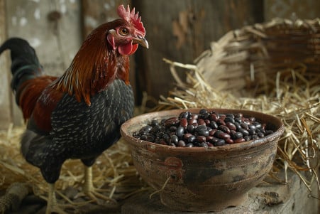 Chicken standing next to a bowl of cooked black beans, curiously inspecting the contents