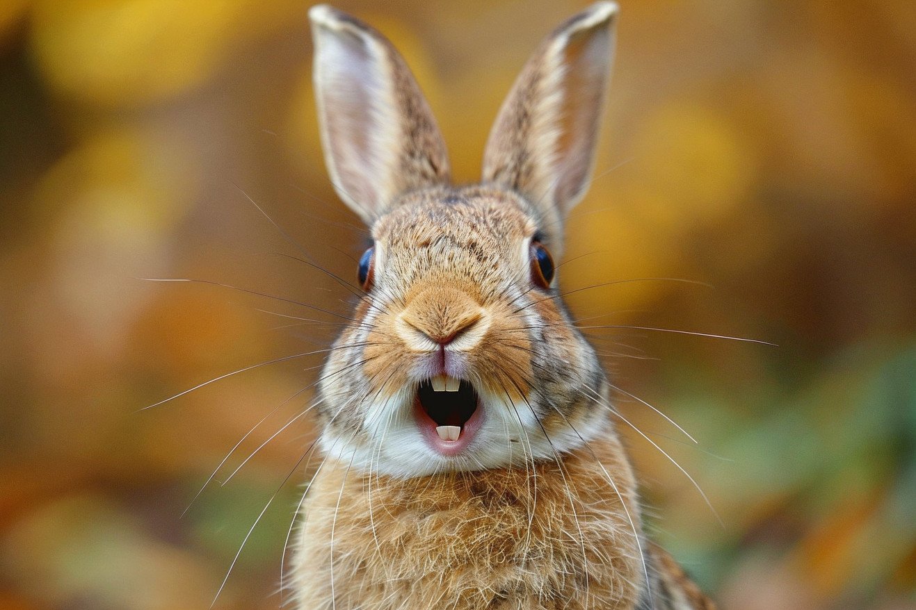 Close-up of a European rabbit with slightly open mouth, revealing its long, continuously growing teeth