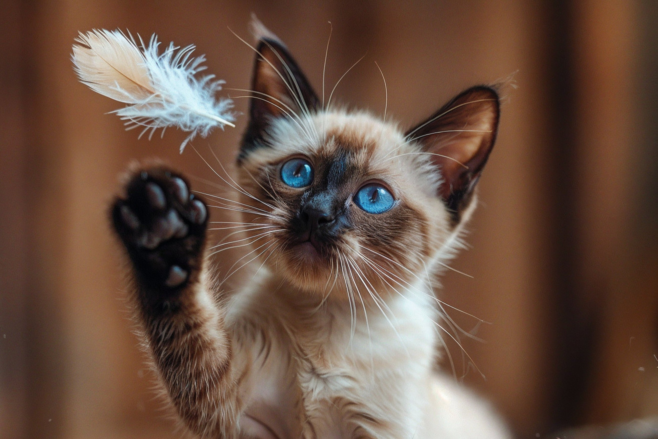 Slender, muscular Siamese cat with vibrant blue eyes batting at a feather toy with intense focus