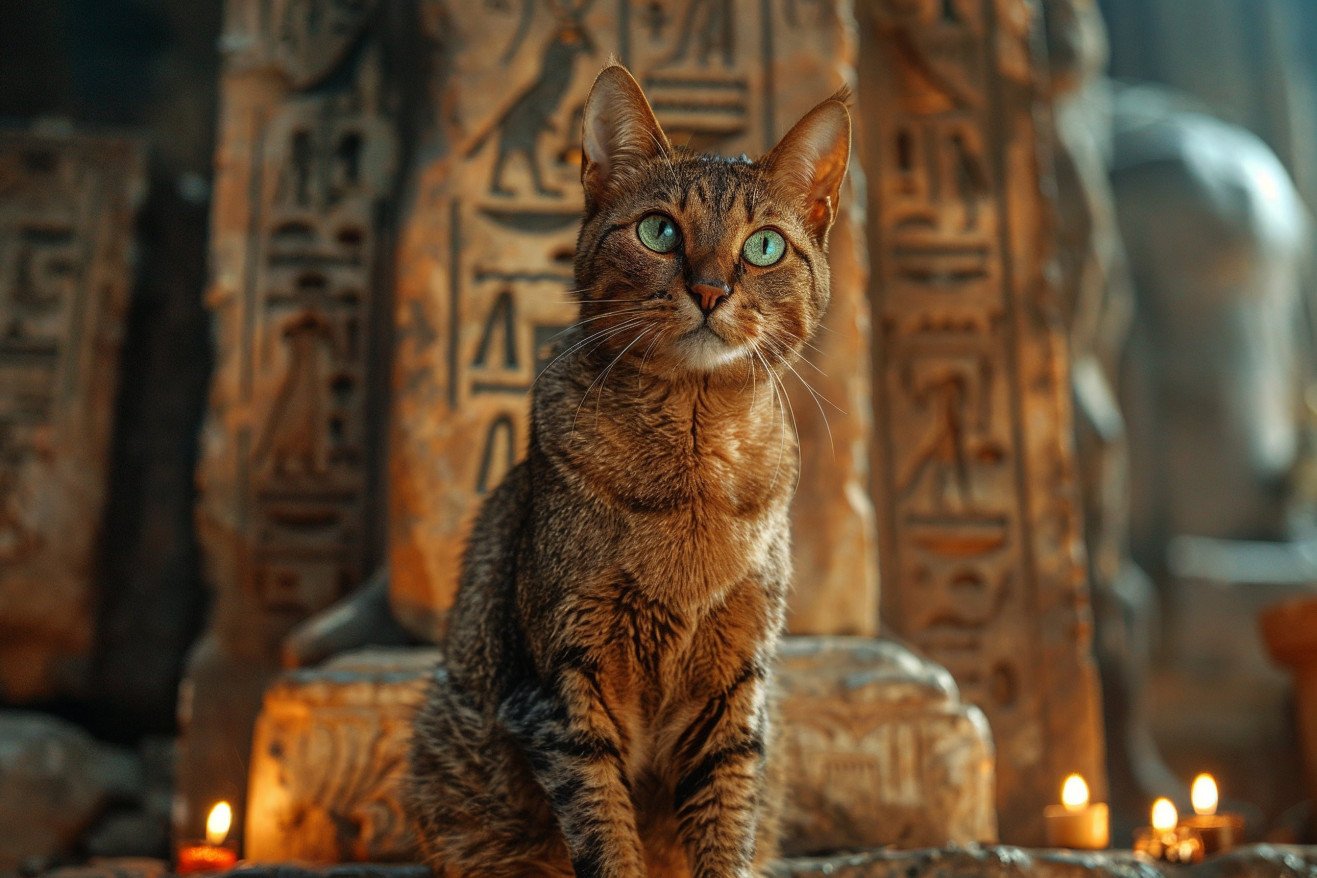 Cat with piercing green eyes sitting on a weathered stone pedestal, surrounded by ancient hieroglyphics and candles in an old cathedral-like interior