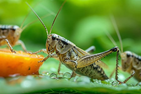 Crickets nibbling on carrot and apple with a water dish, on a leafy green background