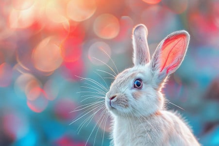Curious rabbit with long ears and fluffy white coat examining a vibrant rainbow of colors