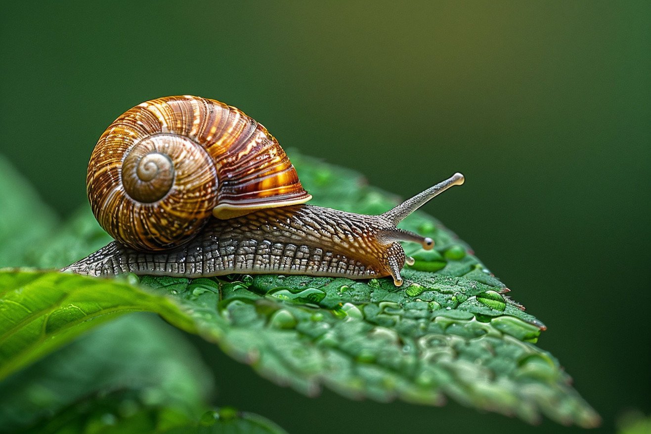 Close-up of a tiny, striped land snail inching its way across a leaf