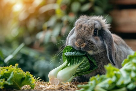 Lop-eared rabbit with a fluffy grey coat happily nibbling on a leaf of bok choy, surrounded by fresh vegetables