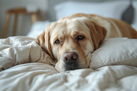 Curious Labrador Retriever sniffing and licking a human's pillow on a bed, with a soft focus on the bedroom background
